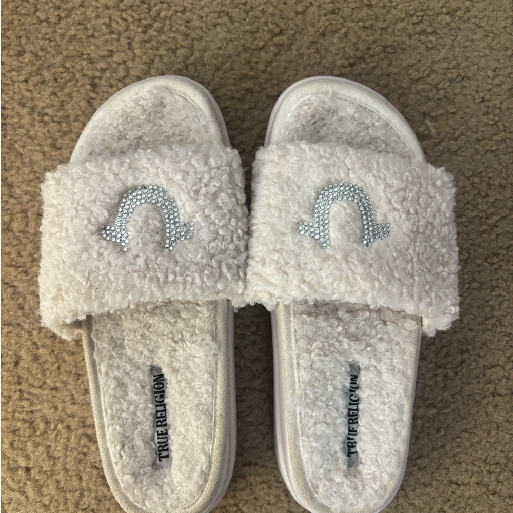 True Religion Cream Fuzzy Slides with Rhinestone Detail
